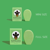 Comparison of Nopalera cactus soap in mini and full-size versions against a green background.