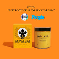 Nopalera Cactus Body Polish in Tangerine scent jar on orange background