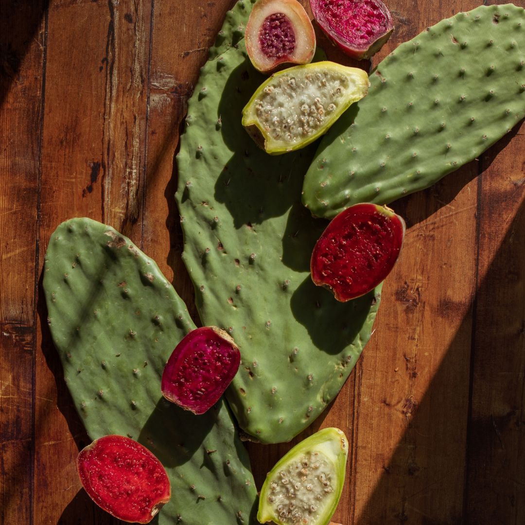 Cactus paddles styled with vibrant dragon fruit slices on a rustic wood surface.