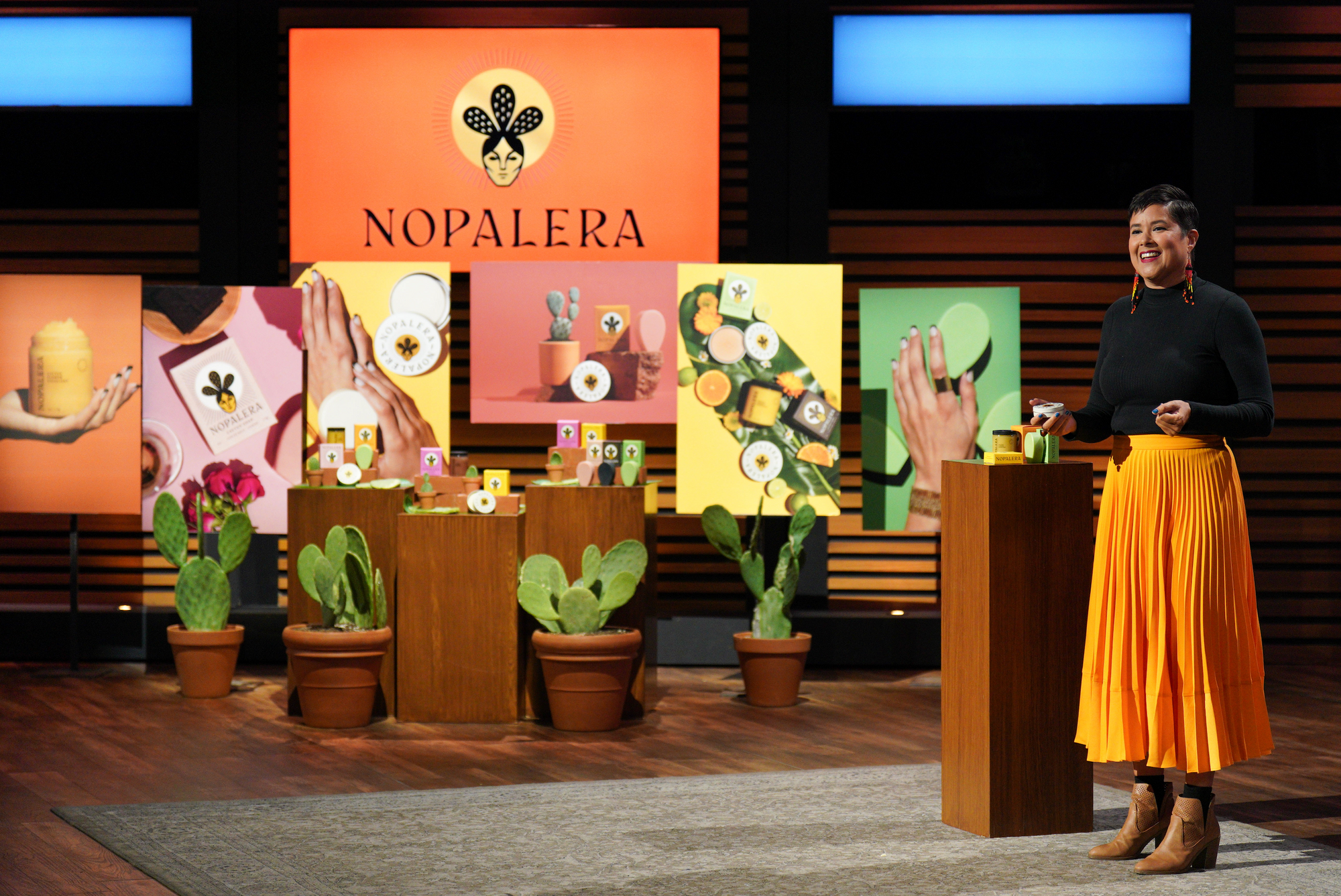 Sandra Velasquez pitching Nopalera on the Shark Tank stage