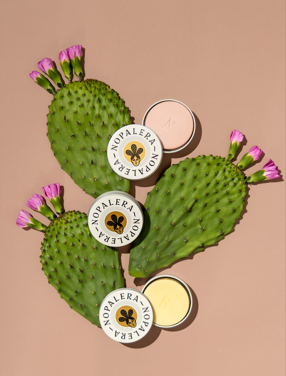 Nopalera body care products styled with cactus paddles and blooming flowers.