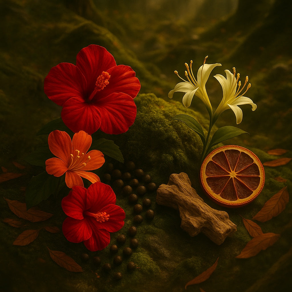 Nopalera arrangement of red flowers, a white lily, and a dried orange slice on a textured surface. Bosque Místico