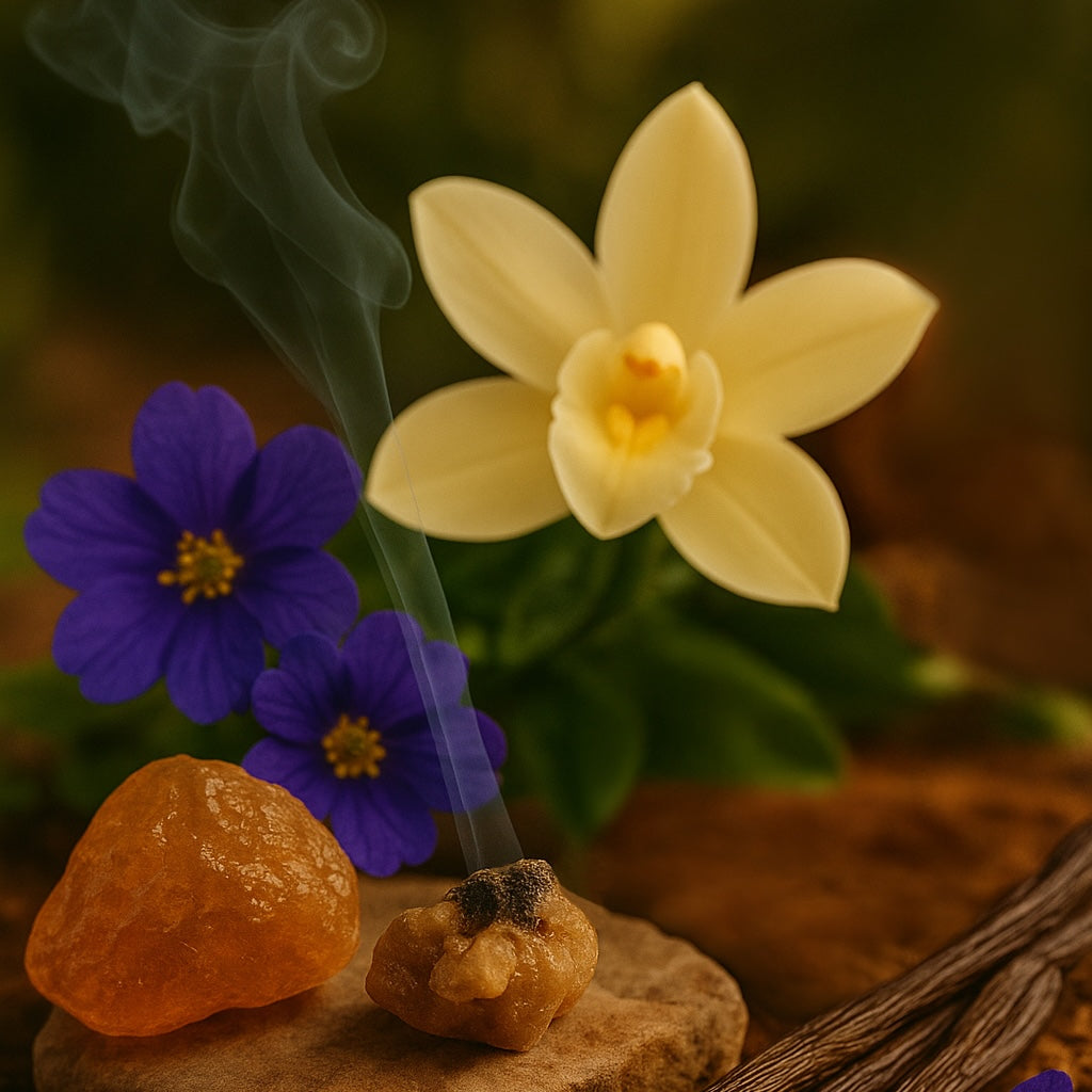 Incense stick with smoke, a yellow Vanilla flower, purple flowers, and an orange stone on a blurred natural background for Nopalera brand Dulce de Cuerpo scent