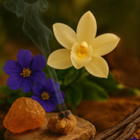 Incense stick with smoke, a yellow Vanilla flower, purple flowers, and an orange stone on a blurred natural background for Nopalera brand Dulce de Cuerpo scent