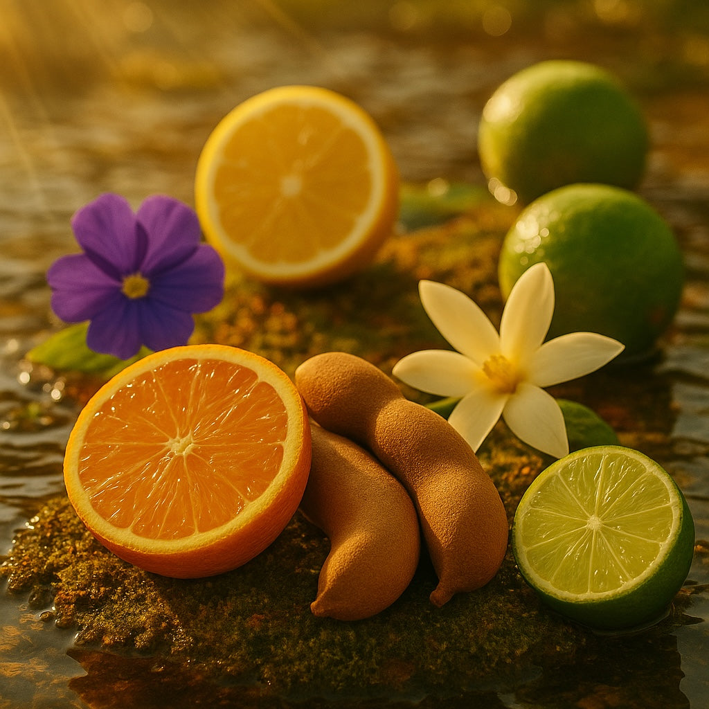 Nopalera Fruits and flowers on a reflective surface with a blurred natural background - Flor de Madera Nopalera