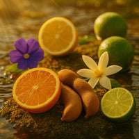 Nopalera Fruits and flowers on a reflective surface with a blurred natural background - Flor de Madera Nopalera