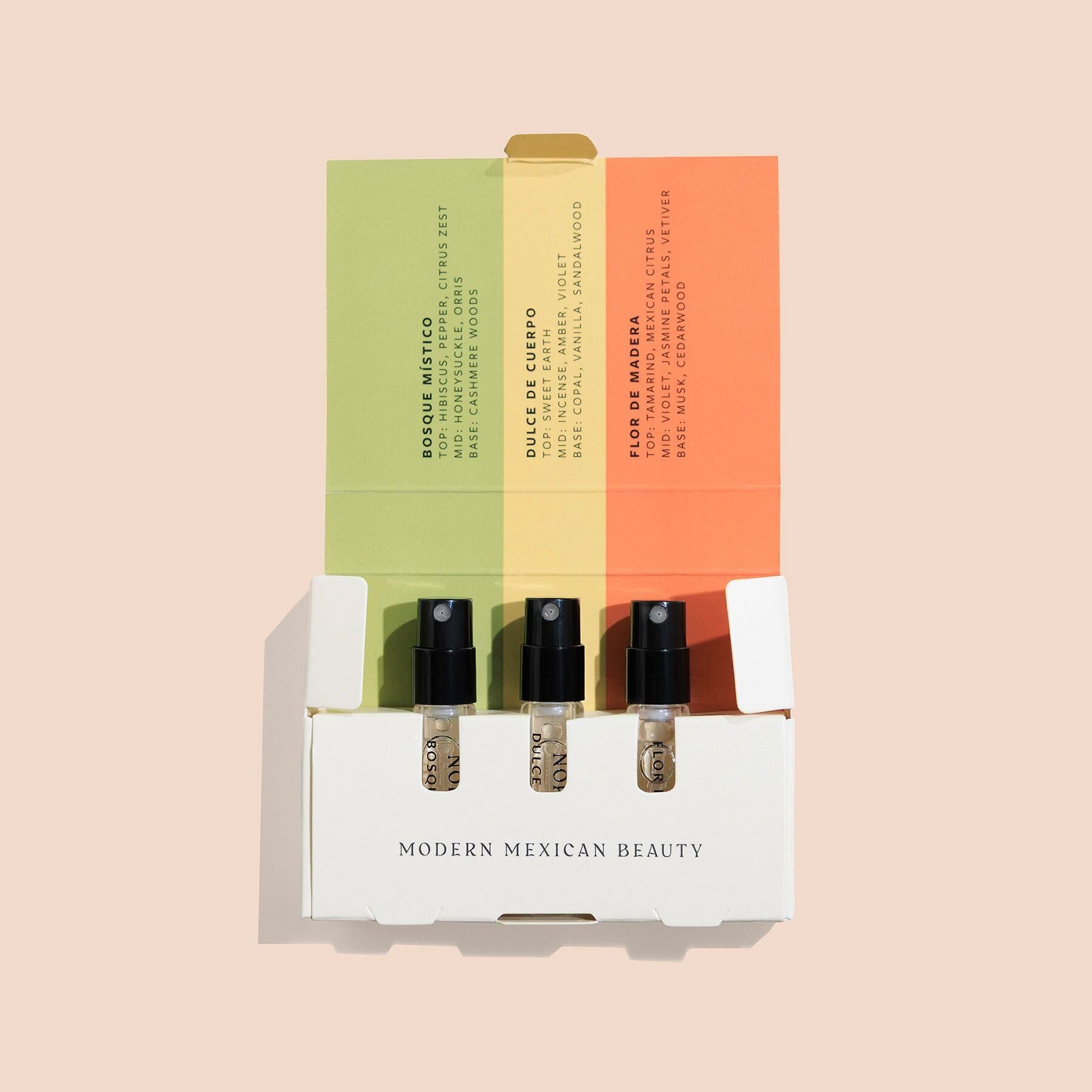Nopalera Fragrance Discovery Trio with three mini perfume sprays in box on white background
