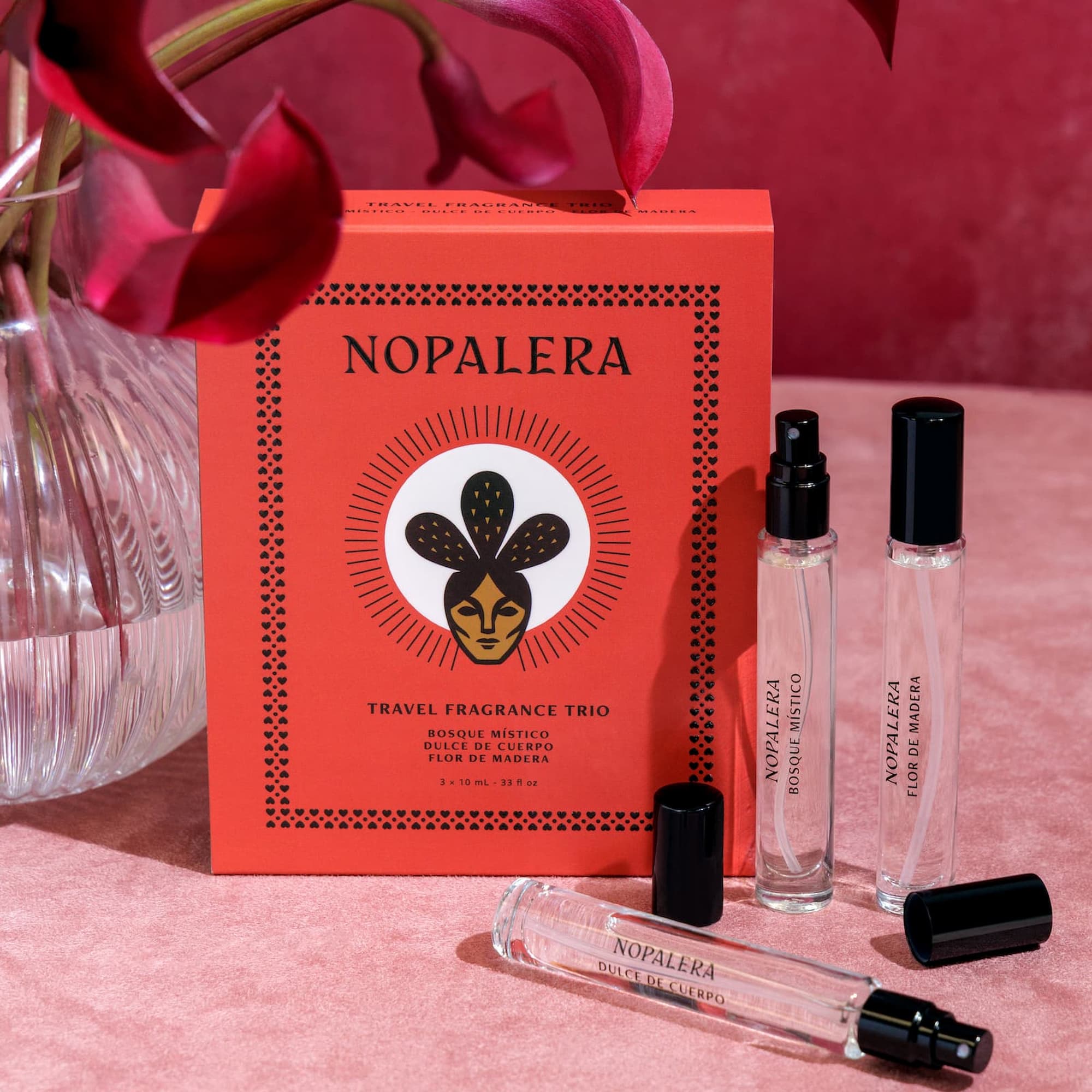 Nopalera Amor Valentine's Day travel fragrance trio with red Nopalera packaging