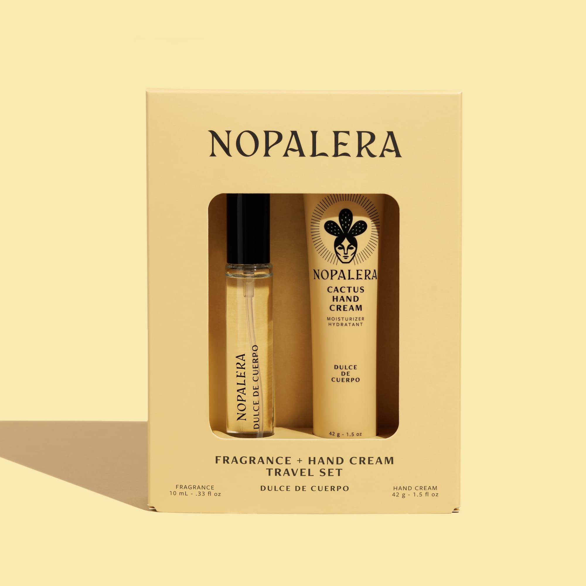 Luxury Mexican fragrance Nopalera Dulce de Cuerpo fragrance and cactus hand cream travel set featuring perfume roller and moisturizing hand cream