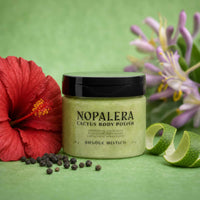 Jar of Nopalera Cactus Body Polish with a red flower and green background