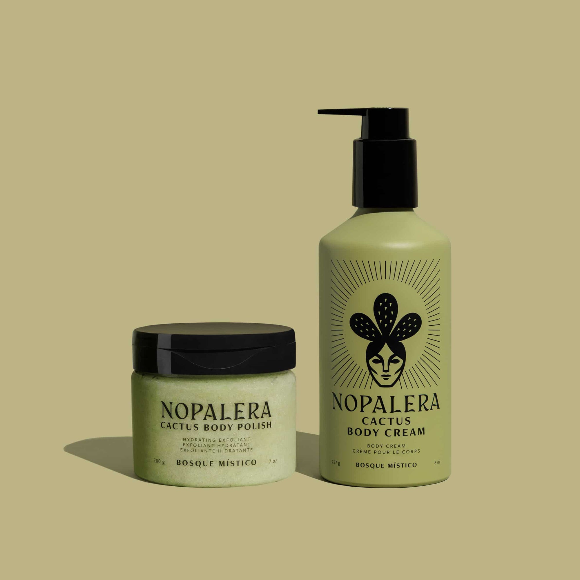 Two Nopalera body care products on a green background