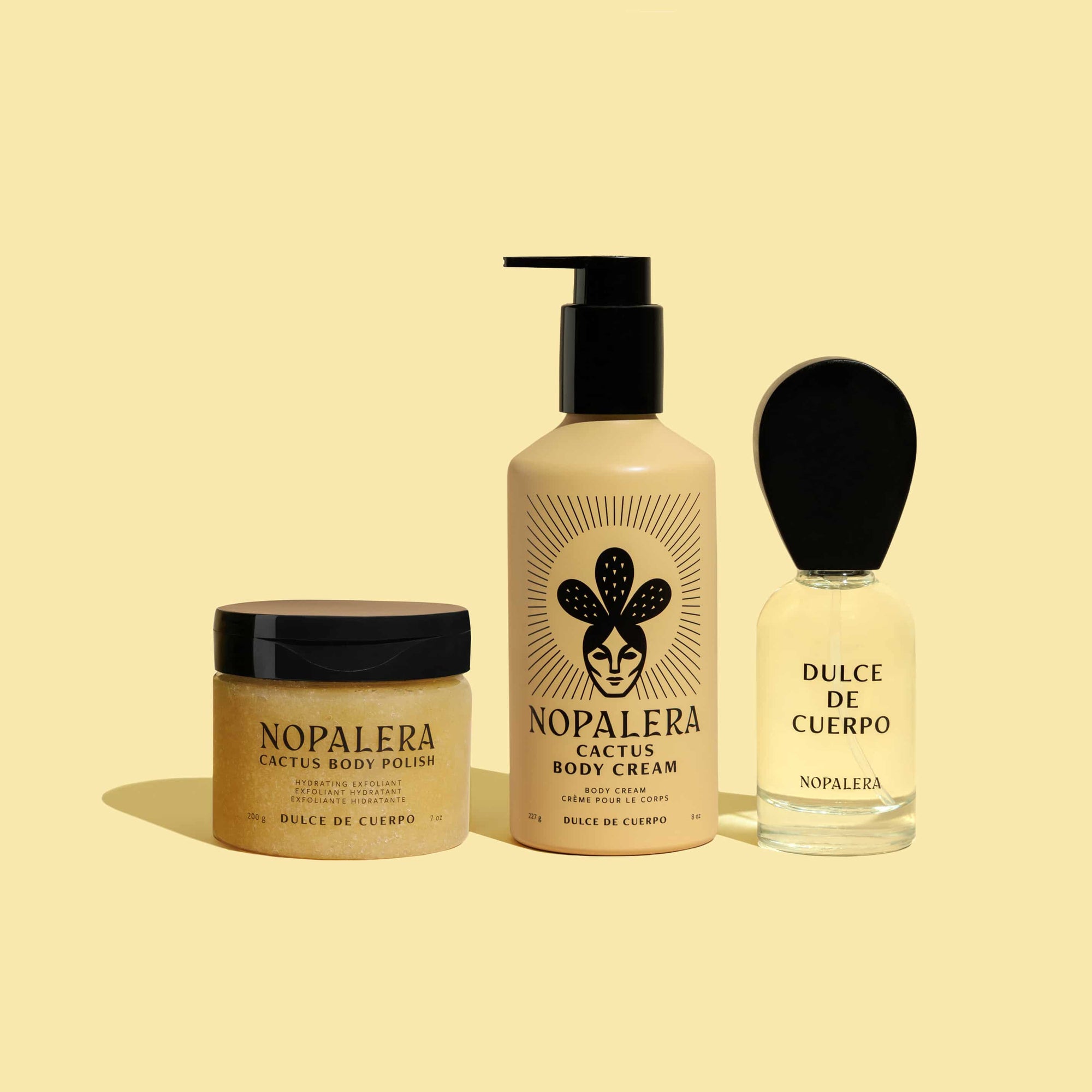 Three Nopalera Dualce de Cuerpo skincare products on a beige background