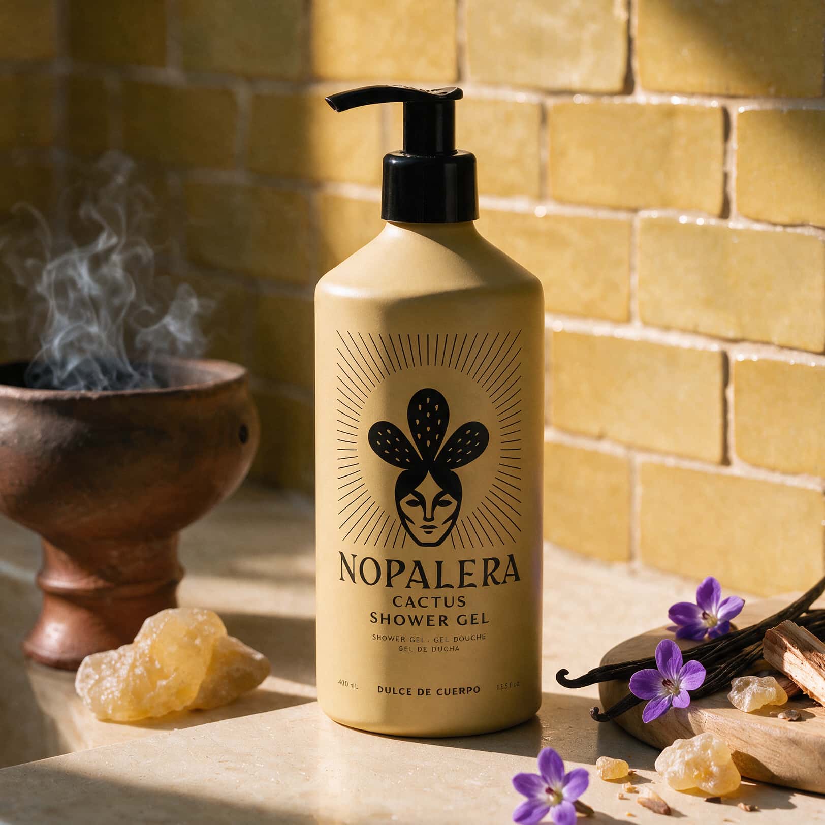 A bottle of Nopalera Cactus Shower Gel stands on a stone surface against a yellow brick wall, styled with a burning incense burner, crystals, vanilla beans, and purple flowers.