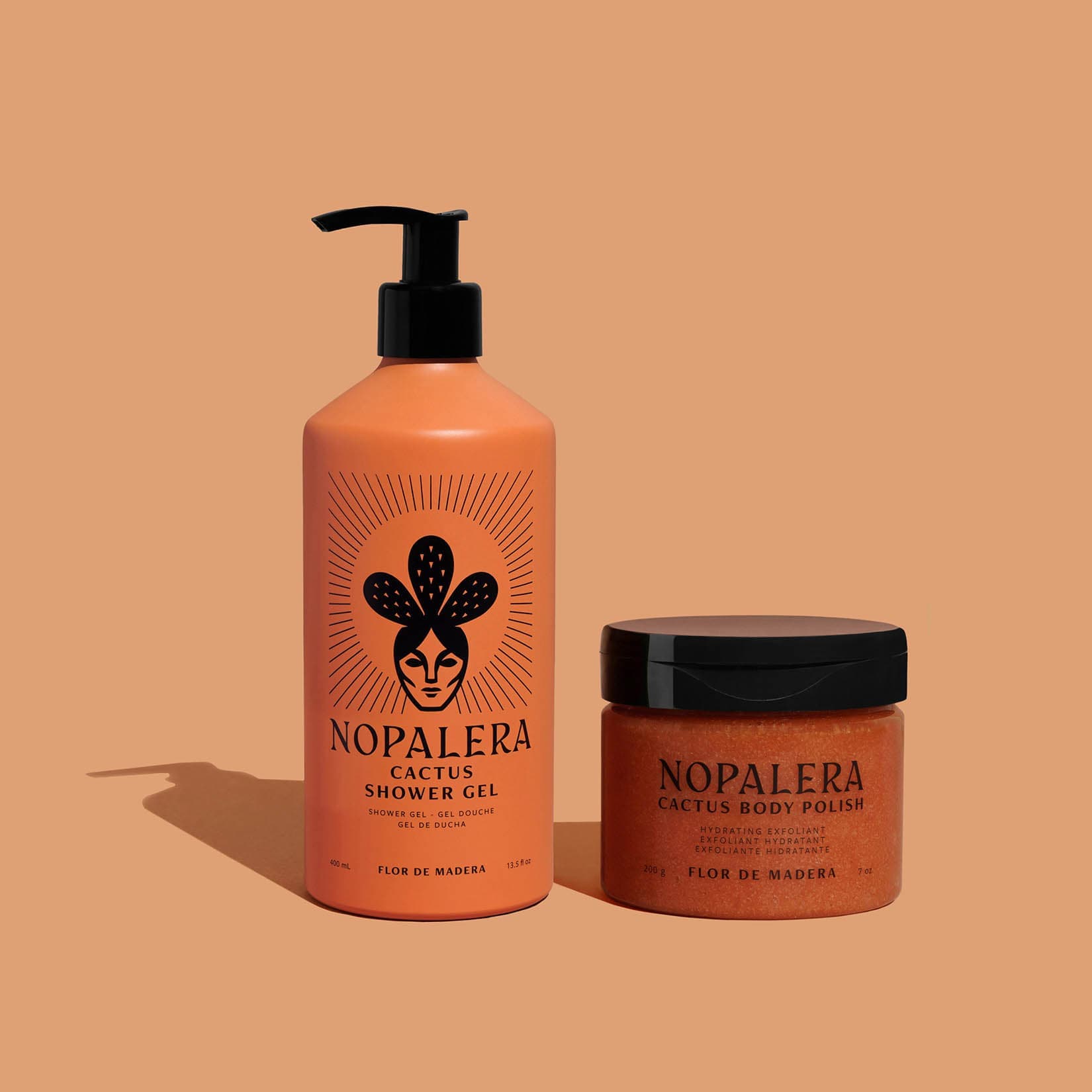 Nopalera Cactus Shower Gel and Body Polish on salmon background