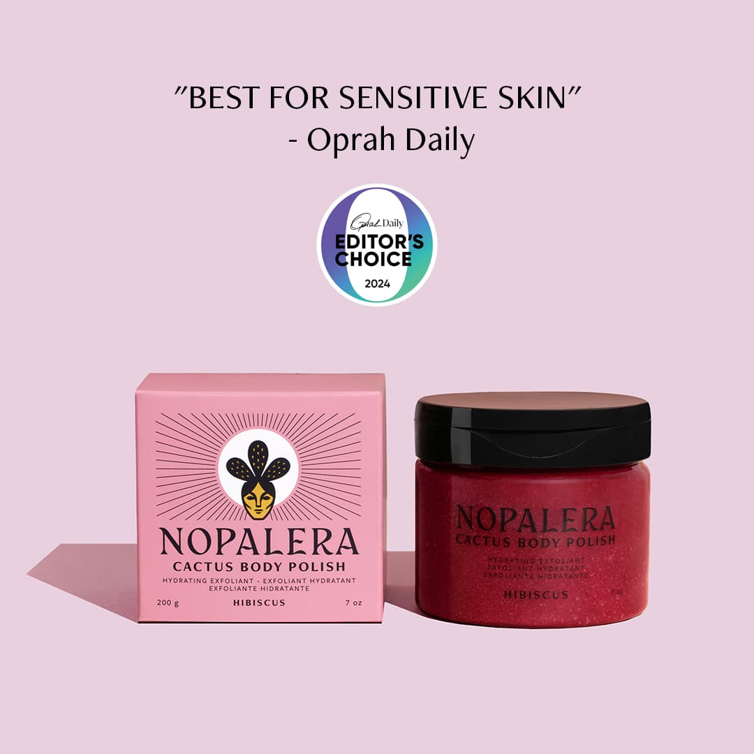Nopalera Cactus Body Polish jar and packaging on a pink background with Oprah Daily Editor's Choice badge.