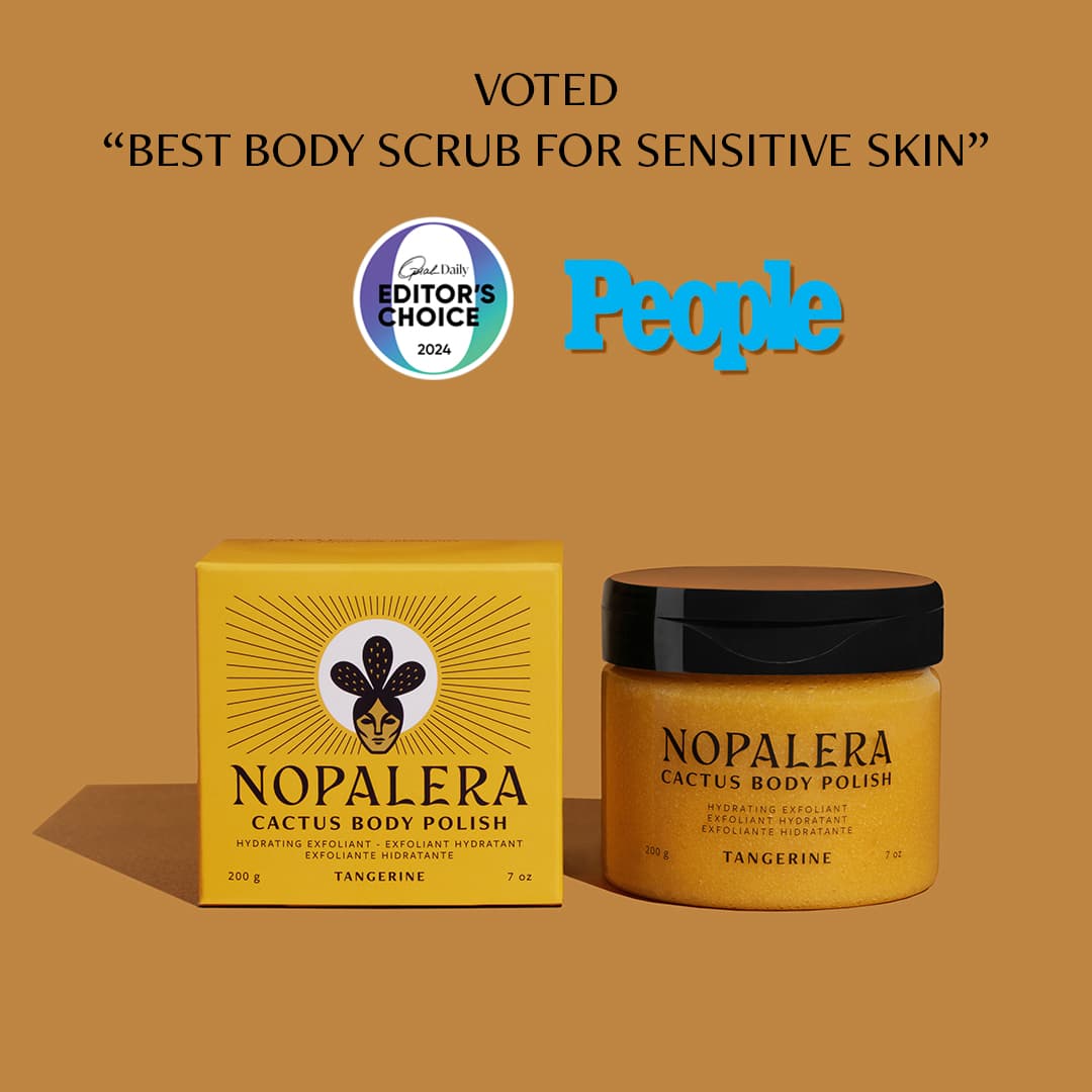 Nopalera Cactus Body Polish tangerine jar and box on a brown background with People magazine endorsement.