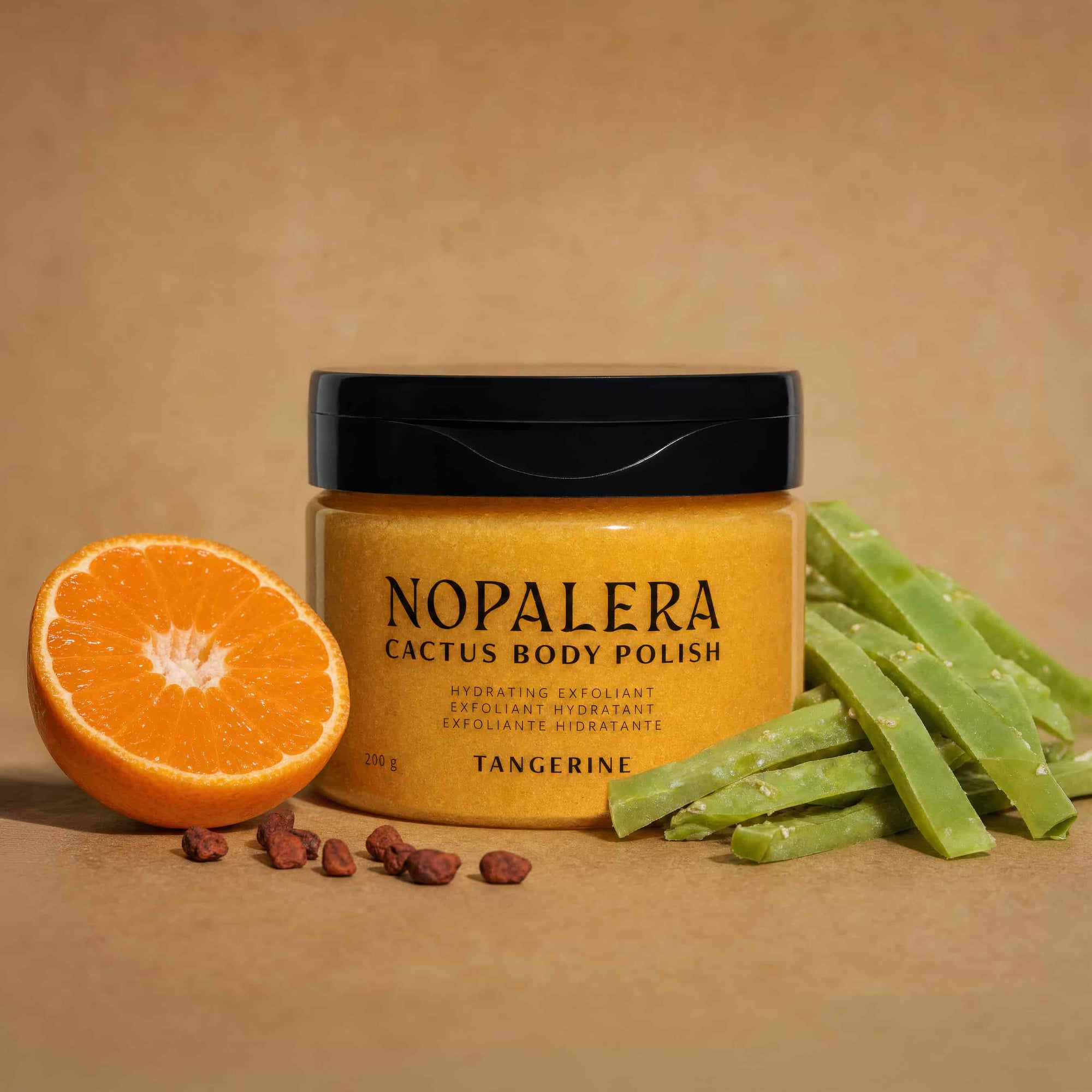 Nopalera Cactus Body Polish Tangerine jar with tangerine, on a brown background