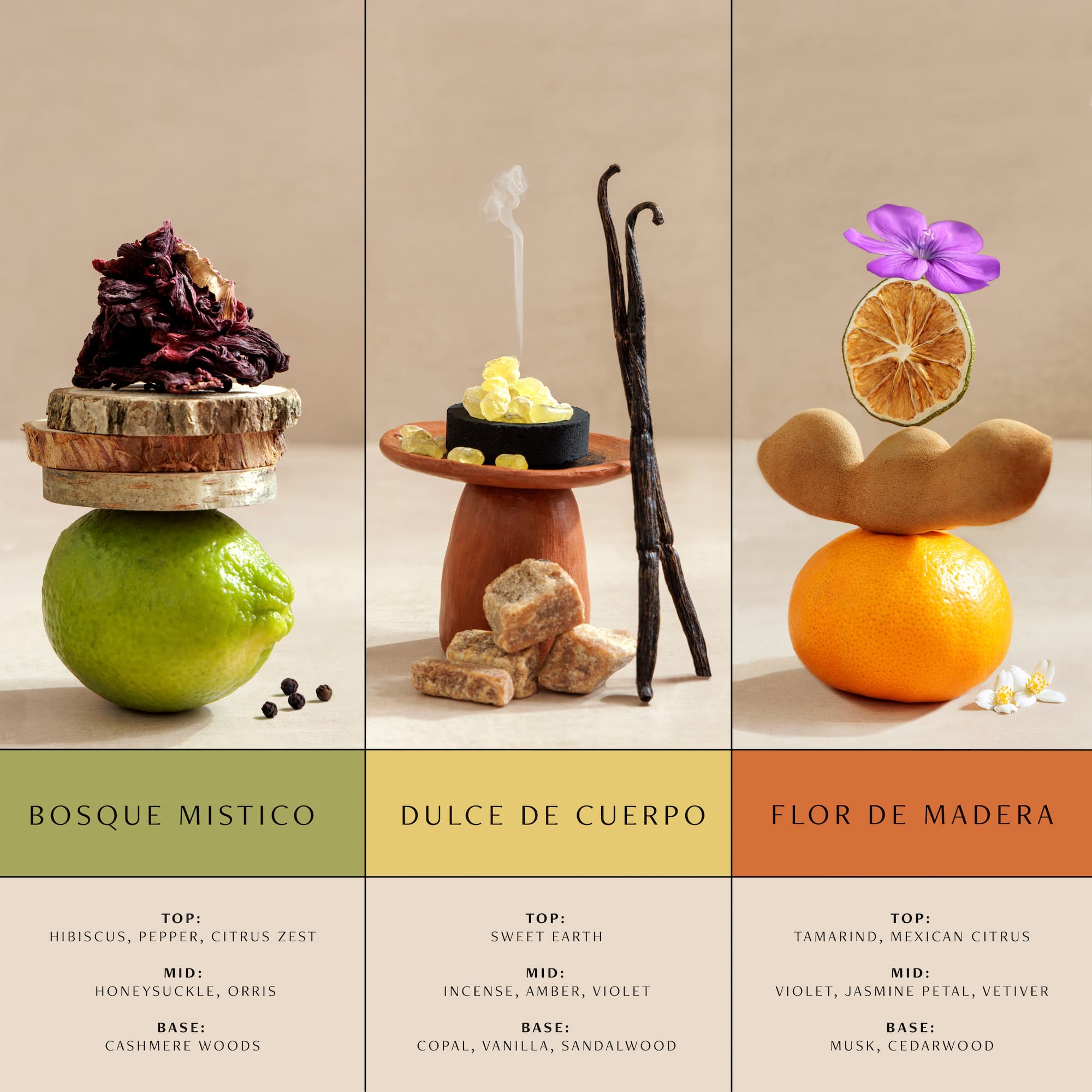 Three different scented products with descriptive labels and ingredients on a beige background.