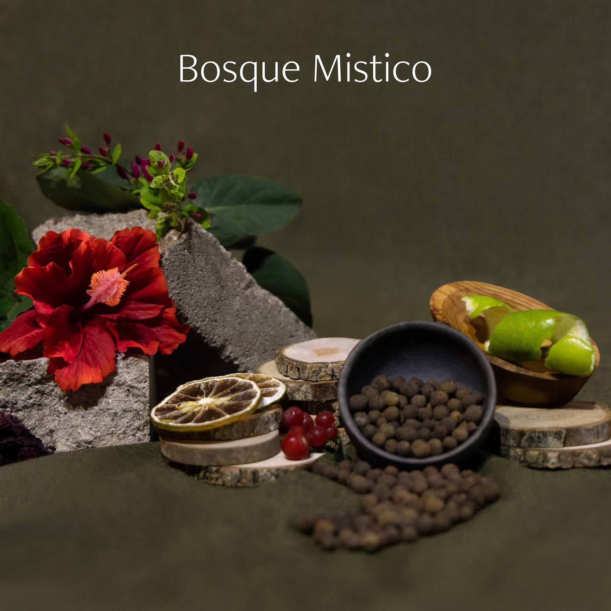 Bosque Mistico fragrance ingredients styled with florals, citrus, and spices in a moody setting.