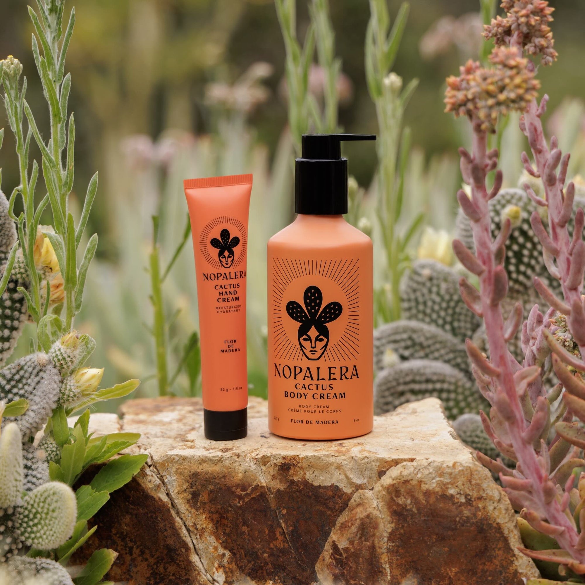 Nopalera cactus body cream Flor de Madera bottles on a rock with cacti and succulents in the background