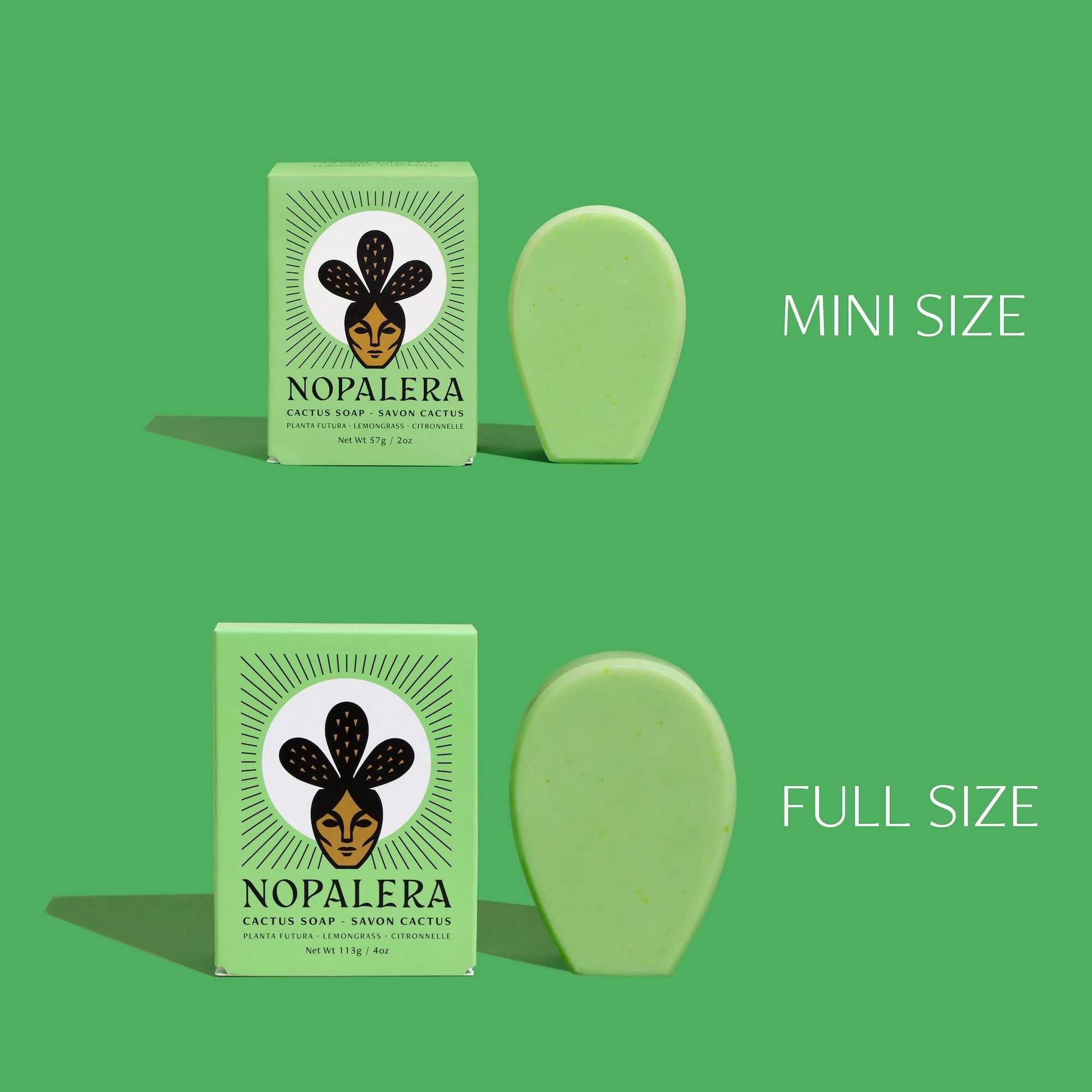Comparison of Nopalera cactus soap in mini and full-size versions against a green background.