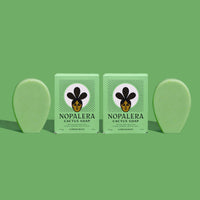 Two bars of lemongrass cactus soap with packaging, green background.