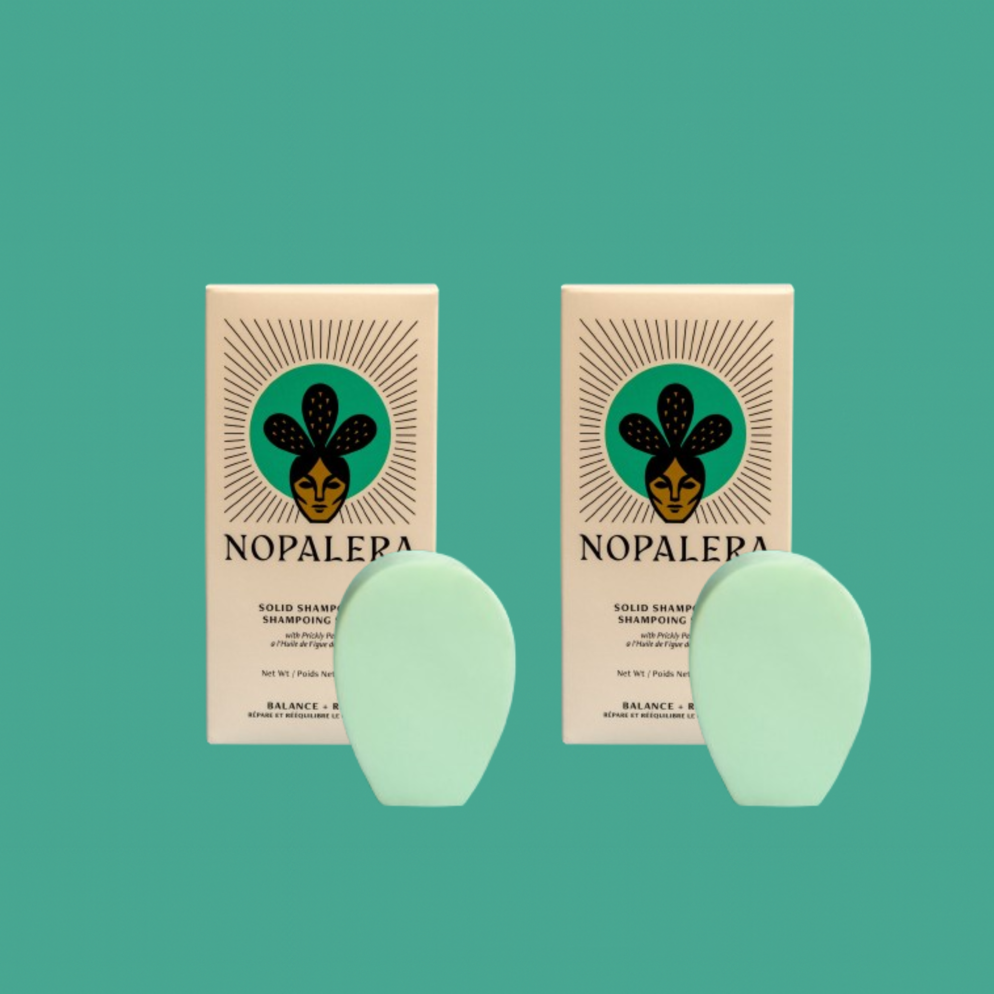 Two Nopalera solid shampoo bars on a teal background
