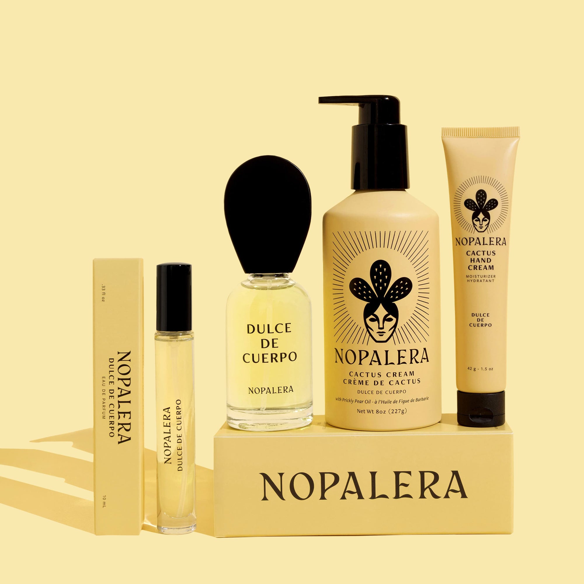 Nopalera Dulce de Cuerpo fragrance and body care set with 50 ml perfume, travel perfume roller, cactus flower body cream, and hydrating hand cream