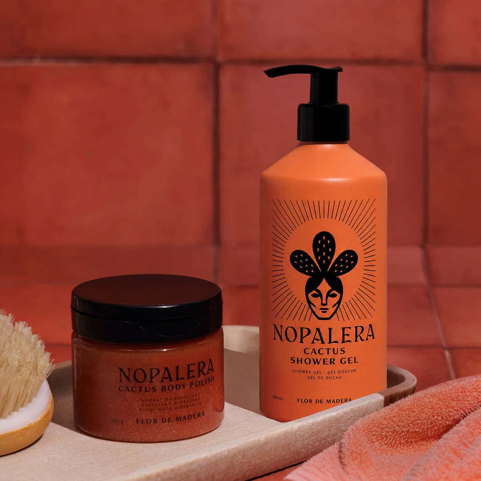 Nopalera Cactus Shower Gel and Body Polish on bathroom tray