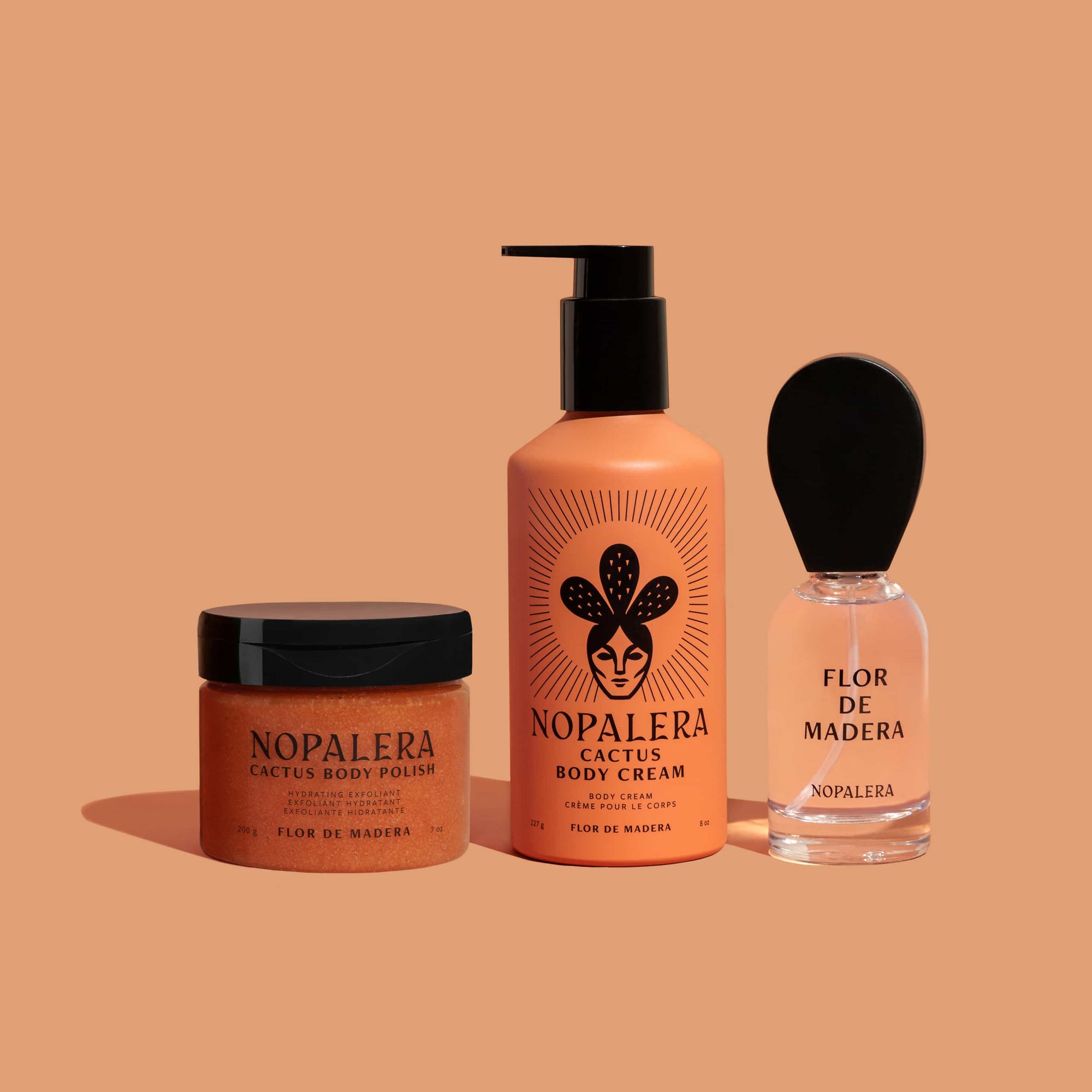 Nopalera Flor de Madera skincare products on a beige background