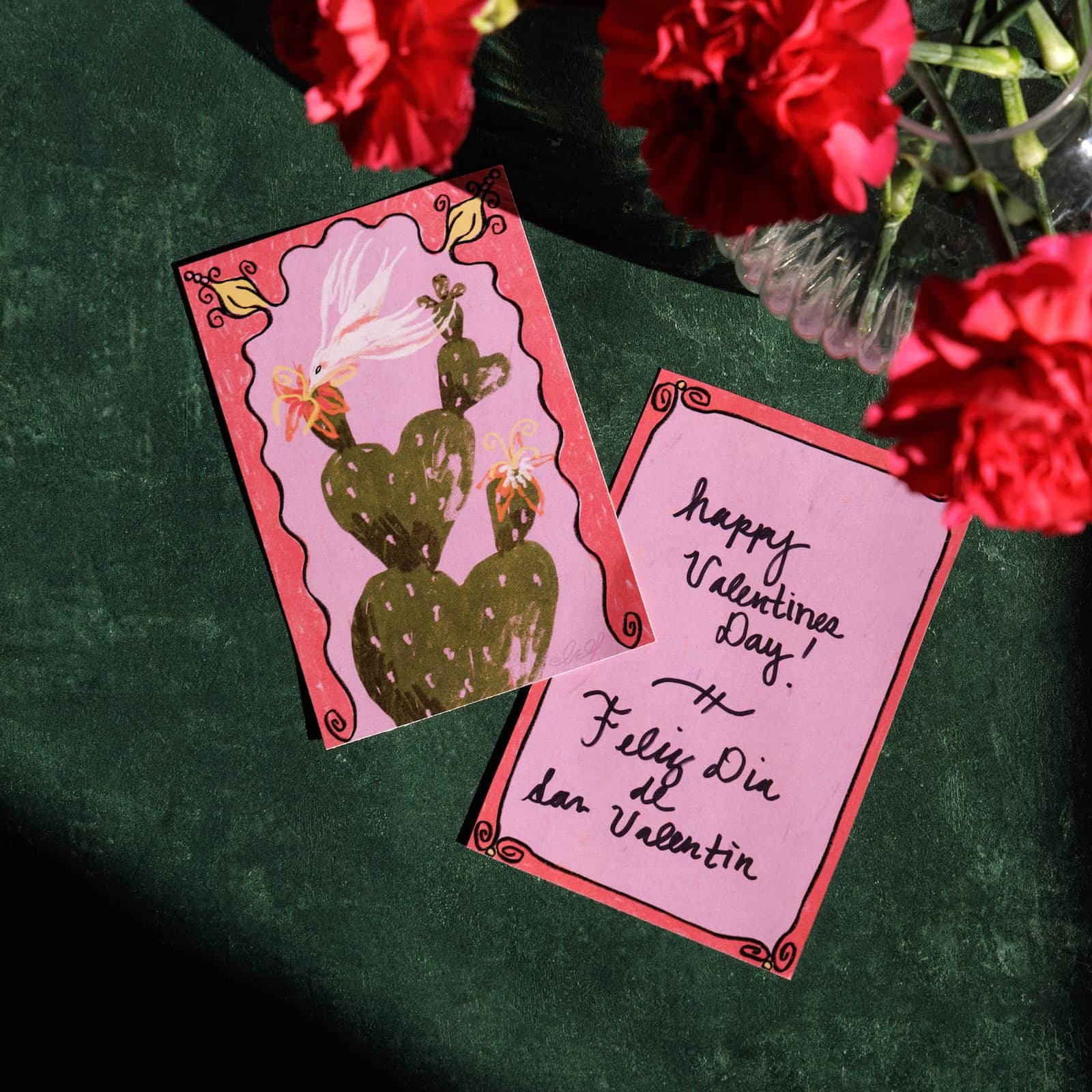 Nopalera Valentine's Day card with nopal cactus illustration on a pink background
