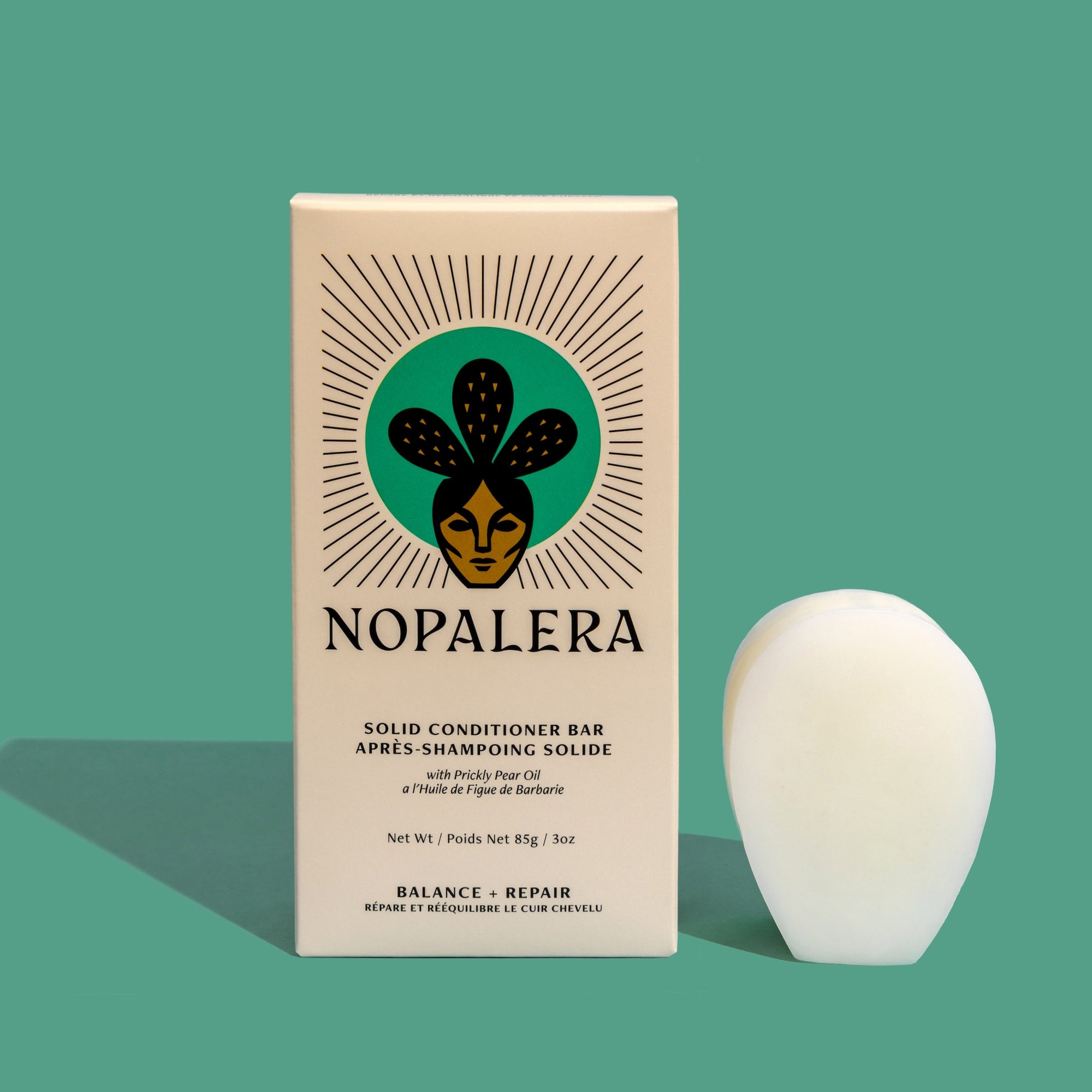 Nopalera Balance and Repair conditioner bar  with the product visible beside the packaging.