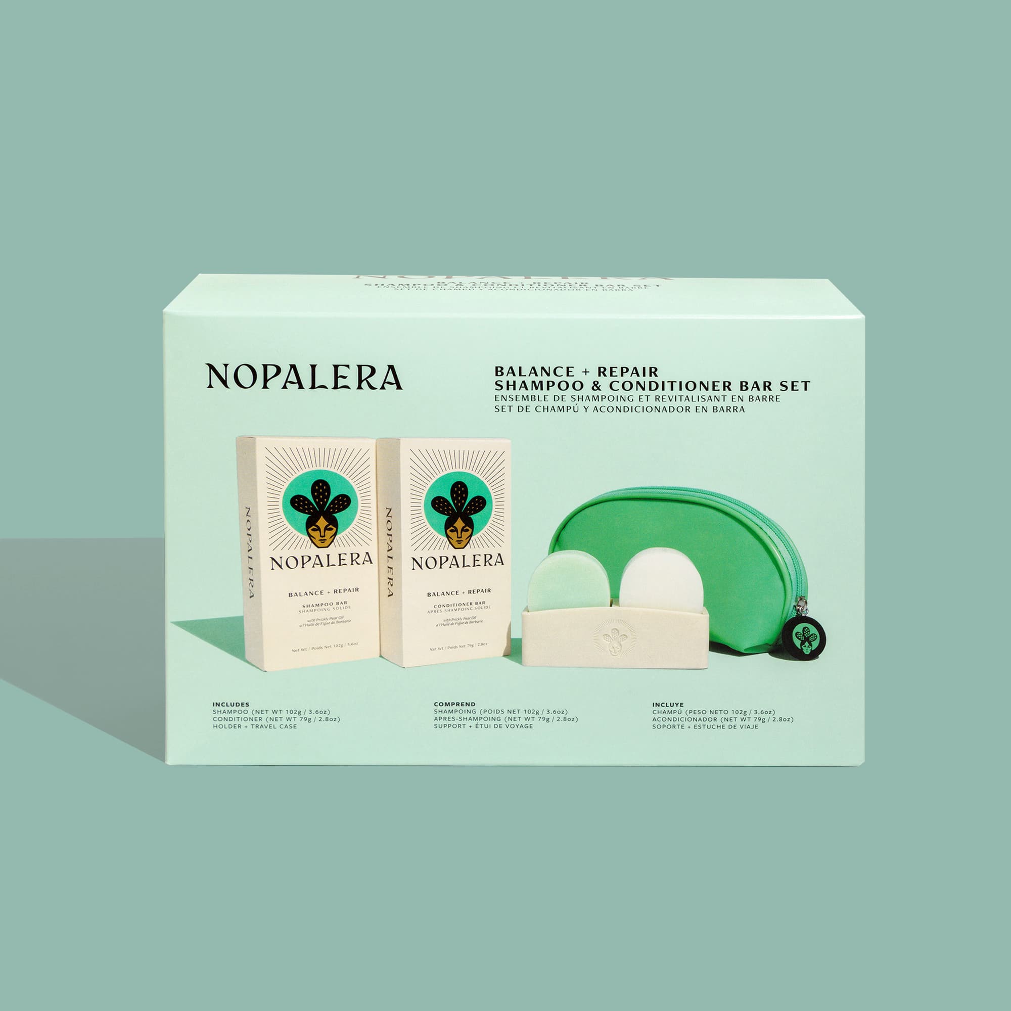 Nopalera shampoo and conditioner bar set Balance and Repair packaging on a light green background