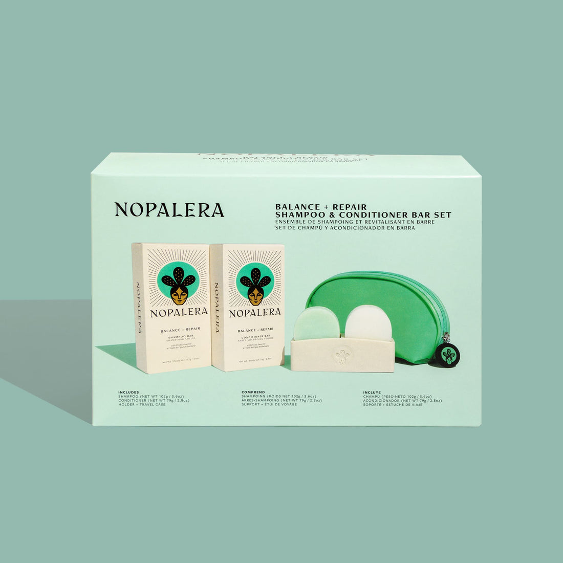 Nopalera shampoo and conditioner bar set Balance and Repair packaging on a light green background