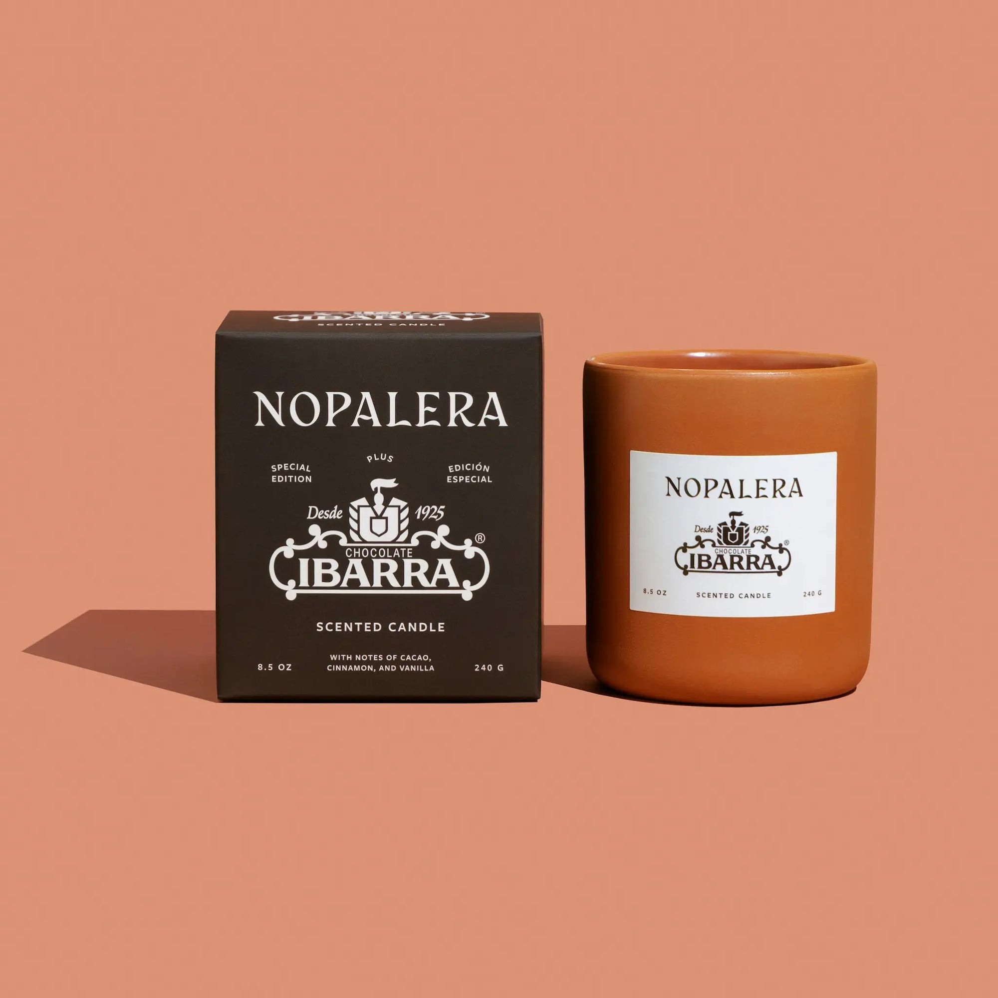 Nopalera Ibarra scented candle and packaging on a brown background
