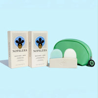 Nopalera shampoo and conditioner bars with storage pouch and soap dish on a light blue background