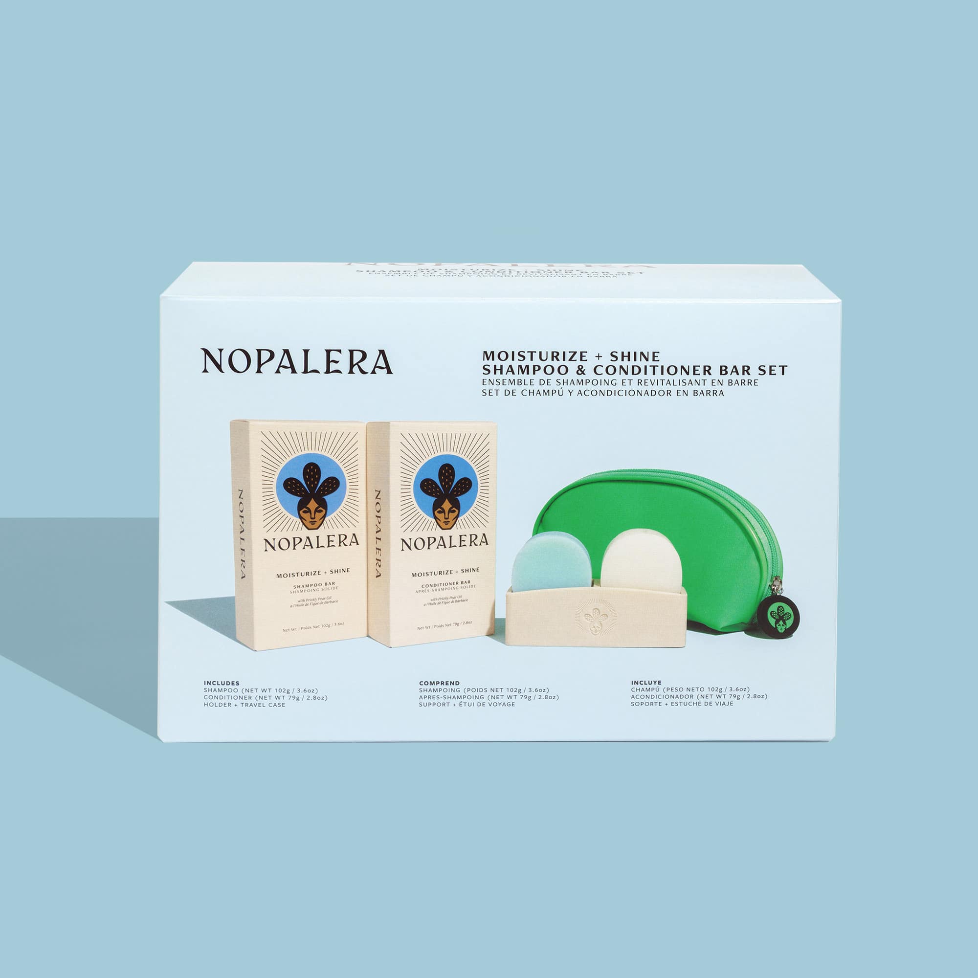 Nopalera shampoo and conditioner bar set with storage pouch and soap dish on a light blue background