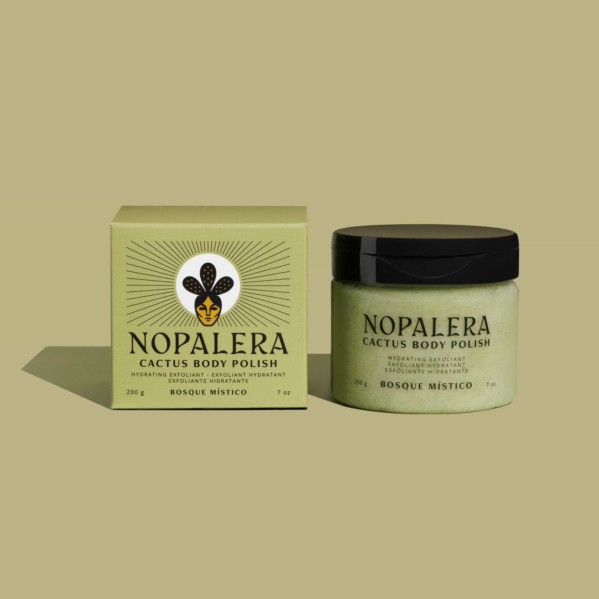 Nopalera cactus body polish jar and box on a beige background