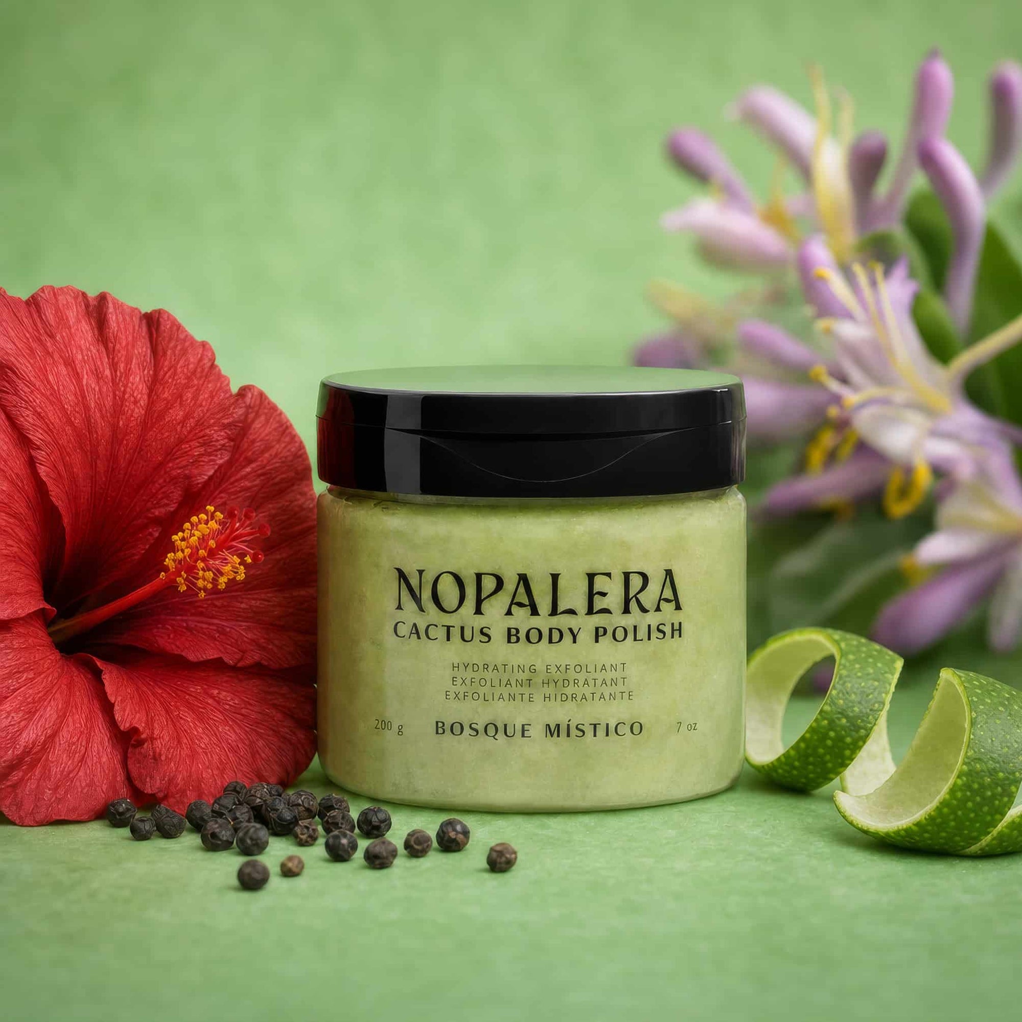 Jar of Nopalera Cactus Body Polish Bosque Místico with a red flower and green background