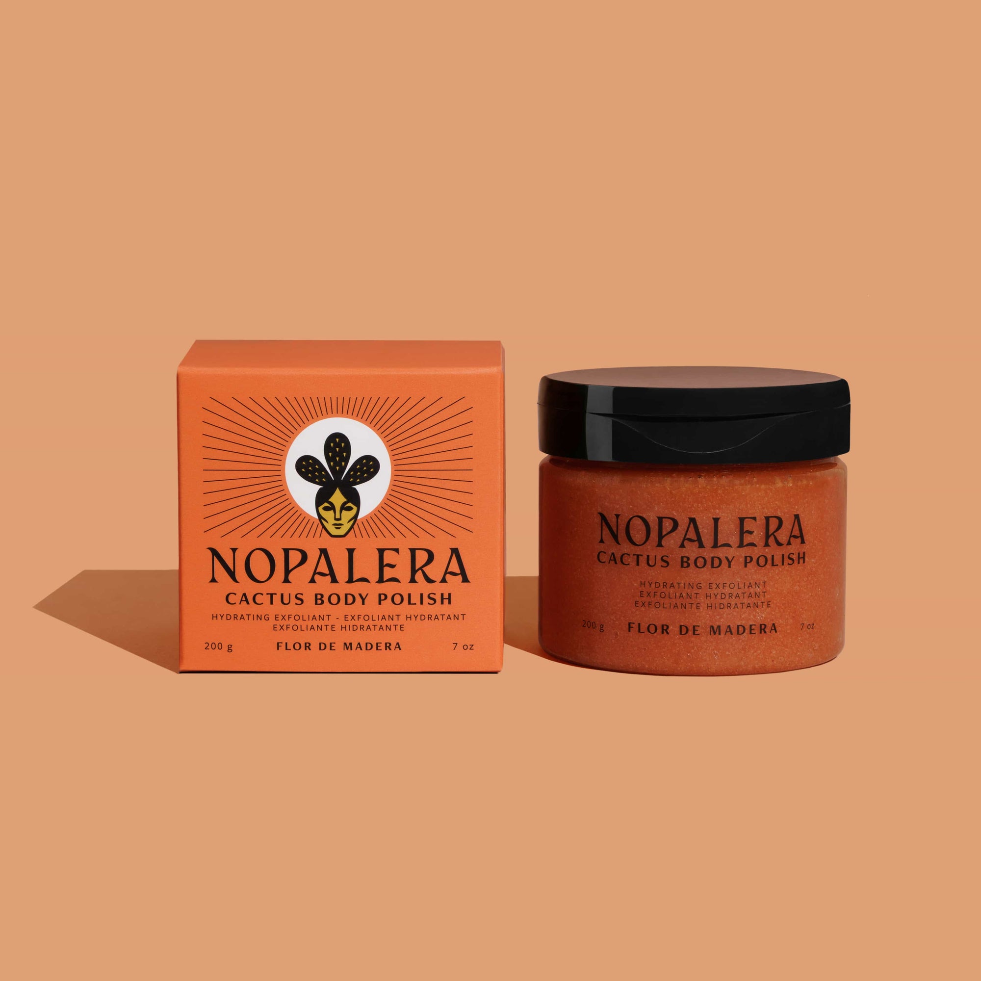 Nopalera Cactus Body Polish  Flor de Madera jar and packaging on a beige background