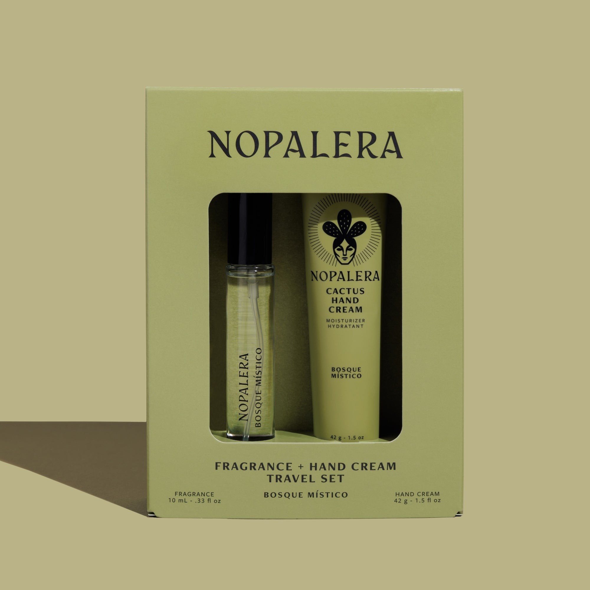 Luxury Mexican fragrance Nopalera Boque Místico travel set packaging with fragrance and hand cream on a soft green background