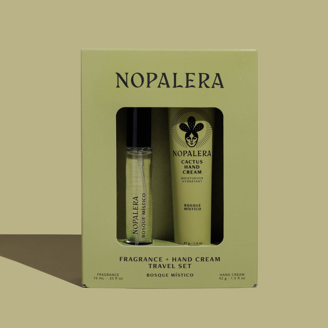 Luxury Mexican fragrance Nopalera Boque Místico travel set packaging with fragrance and hand cream on a soft green background