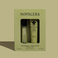 Luxury Mexican fragrance Nopalera Boque Místico travel set packaging with fragrance and hand cream on a soft green background
