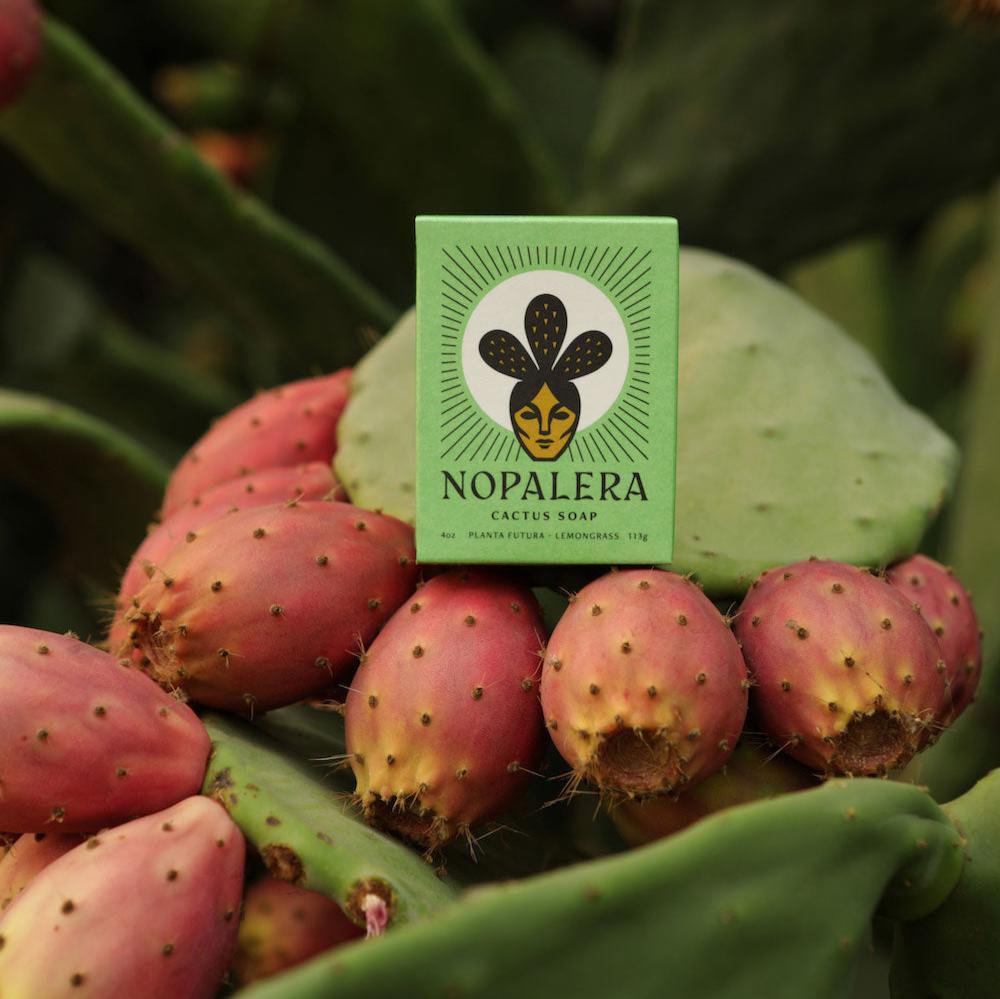Nopalera cactus soap displayed among vibrant cactus fruit and greenery.