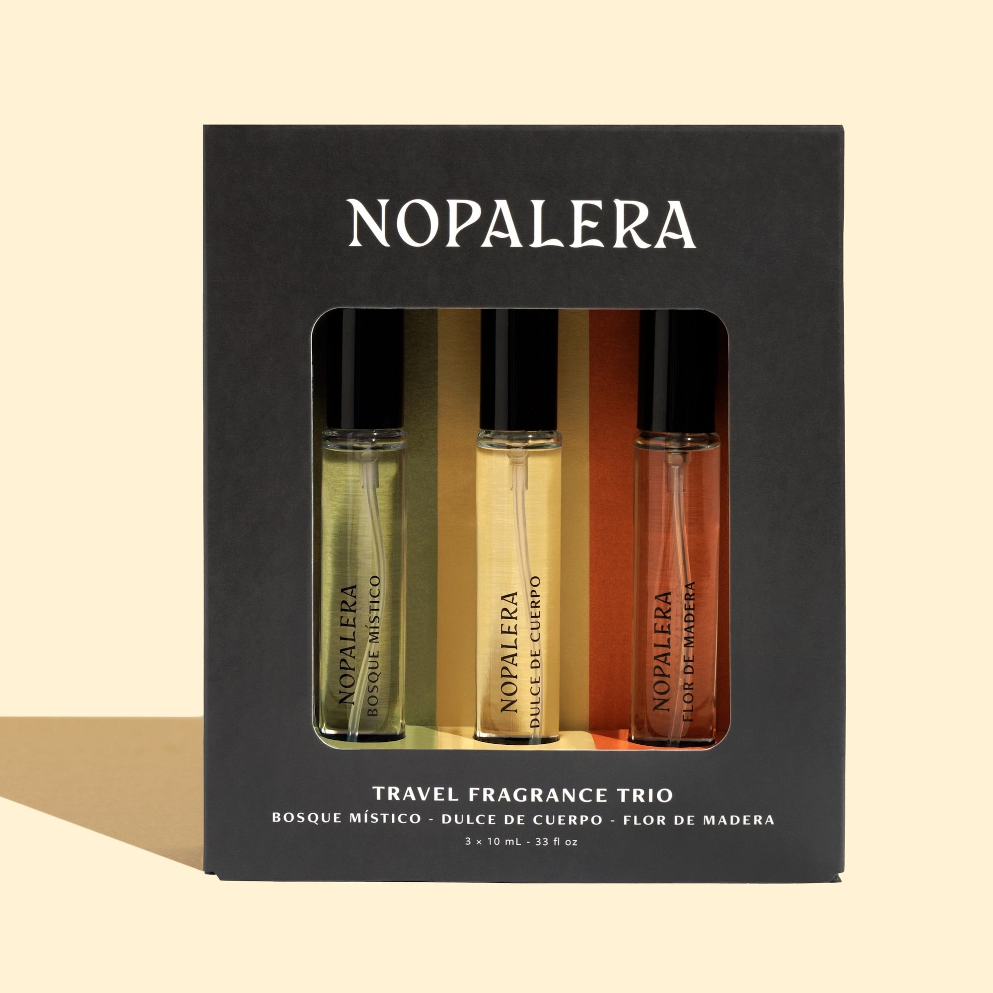 Nopalera travel fragrance trio packaging on a beige background