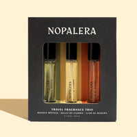 Nopalera travel fragrance trio packaging on a beige background