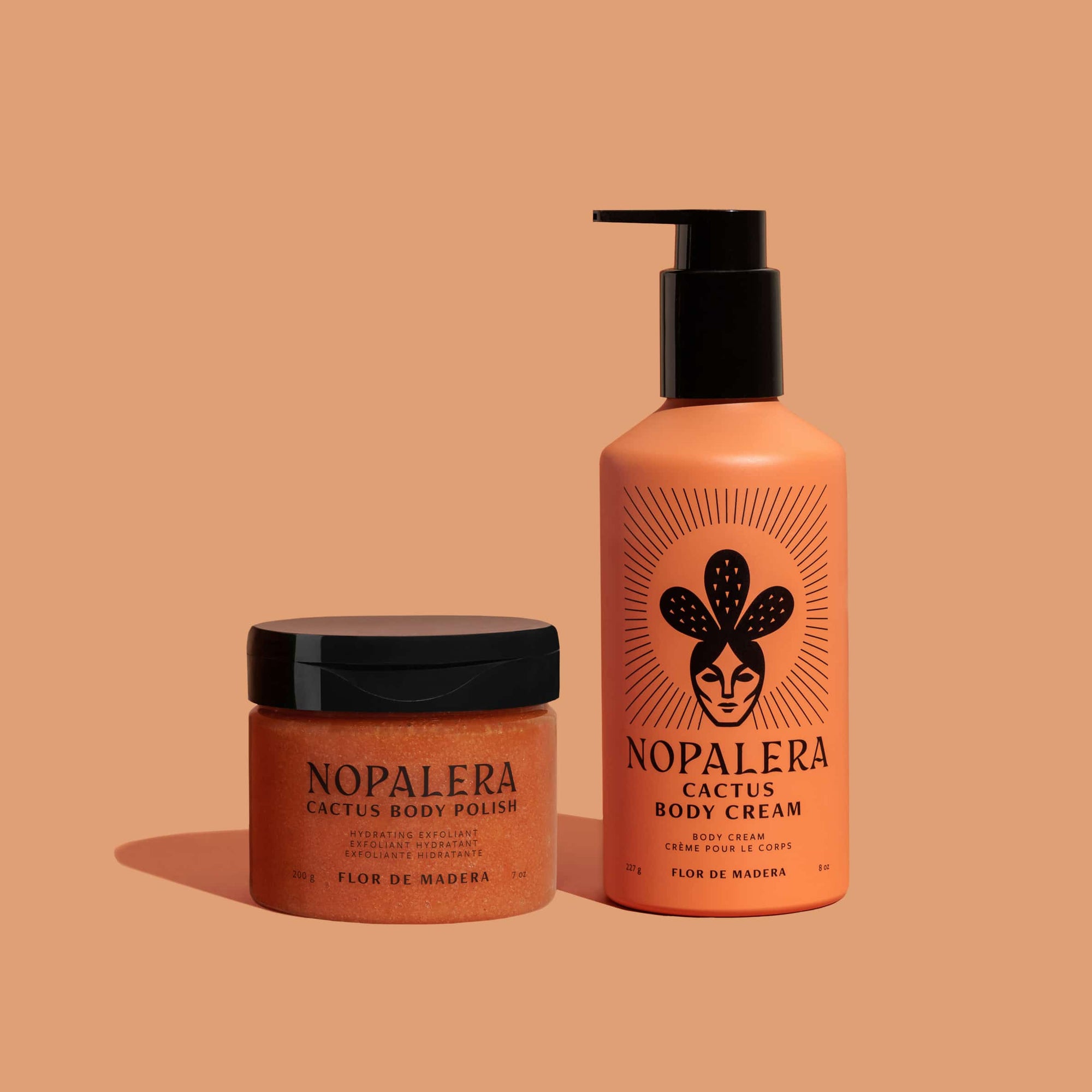 Nopalera cactus body polish and cream Flor de Madera  on an orange background