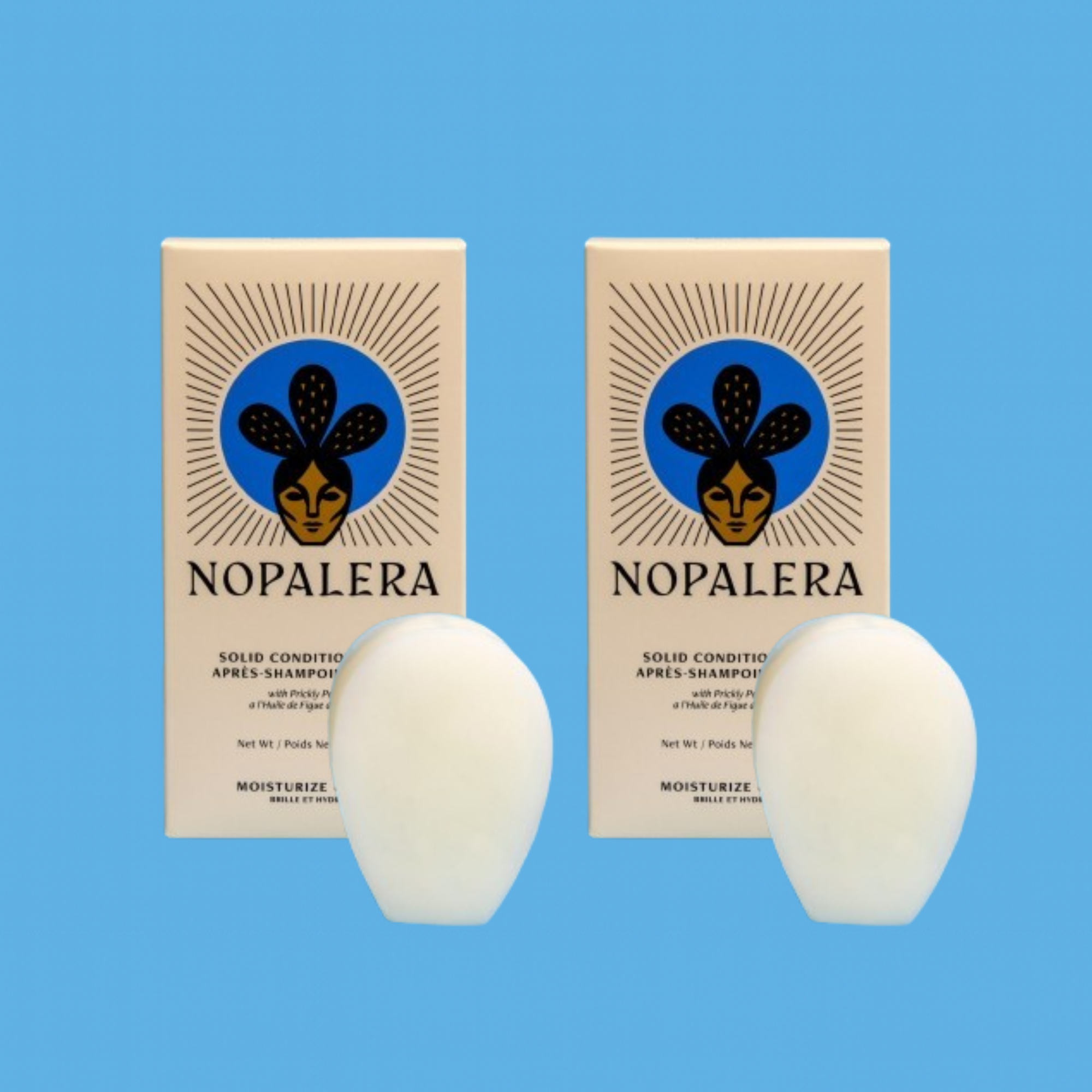 Packaged Nopalera solid conditioner bars displayed beside the products against a blue background.
