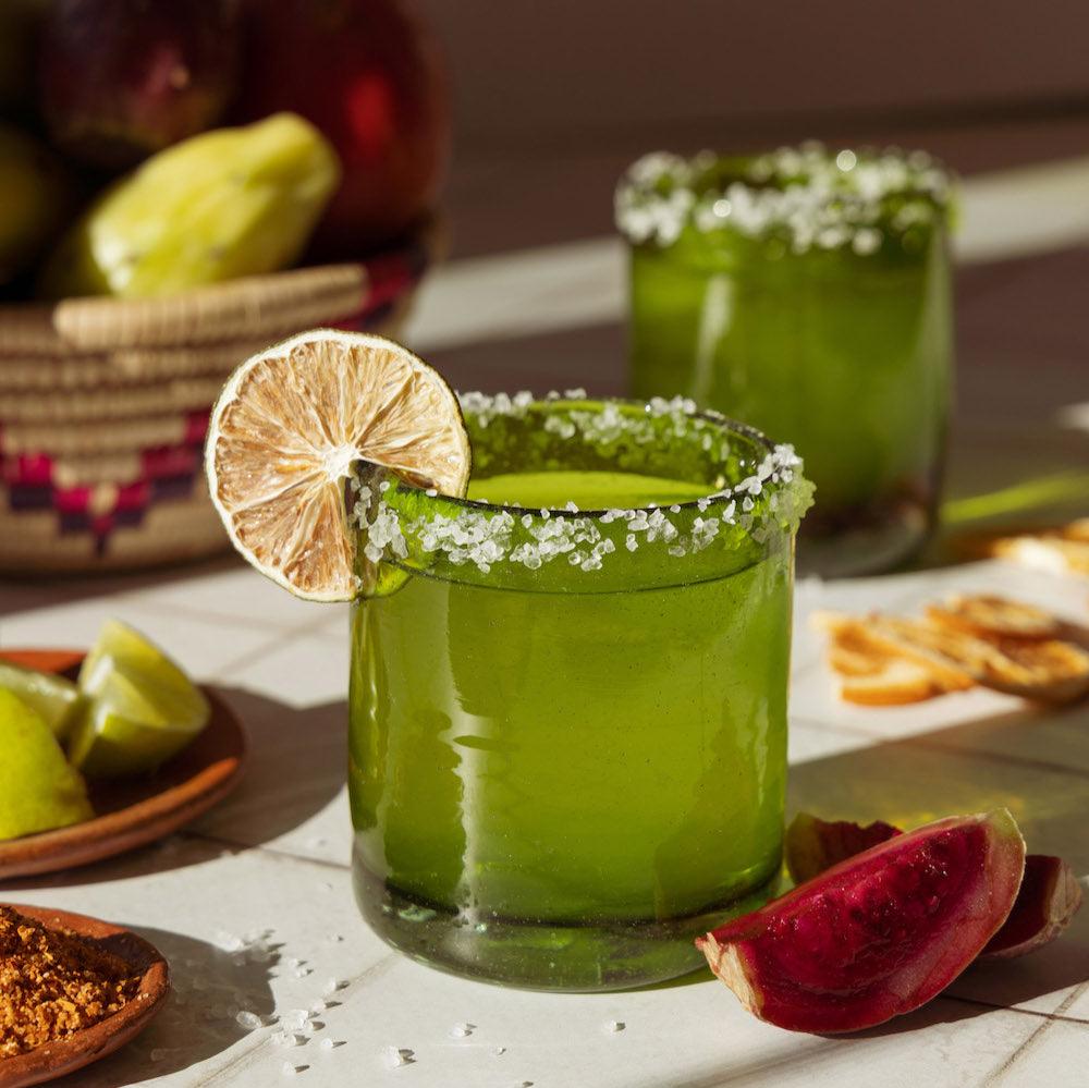 Nopalera candle glass reused as margarita cocktail glass with salt rim